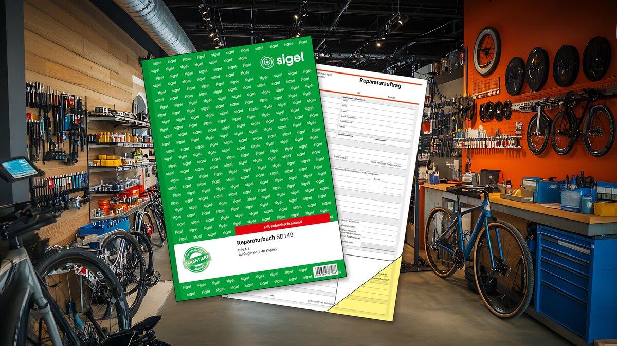 Grünes Reparaturbuch vor Werkstatt