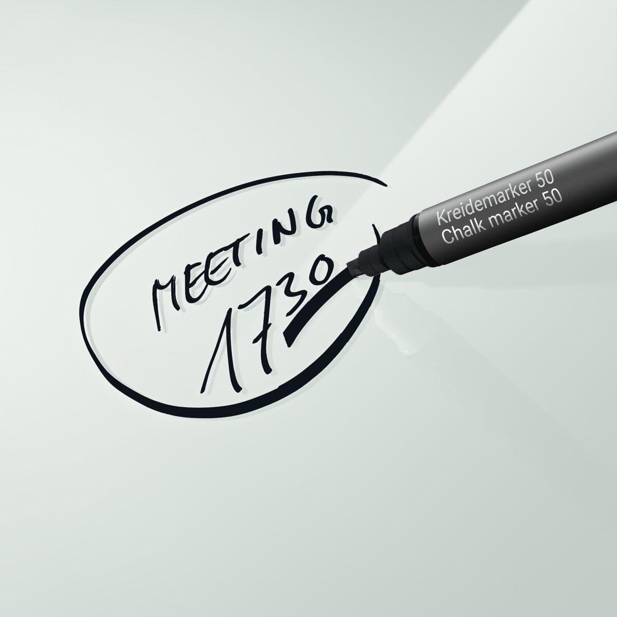 Text und Kreidemarker auf Glas: Meeting 17:30