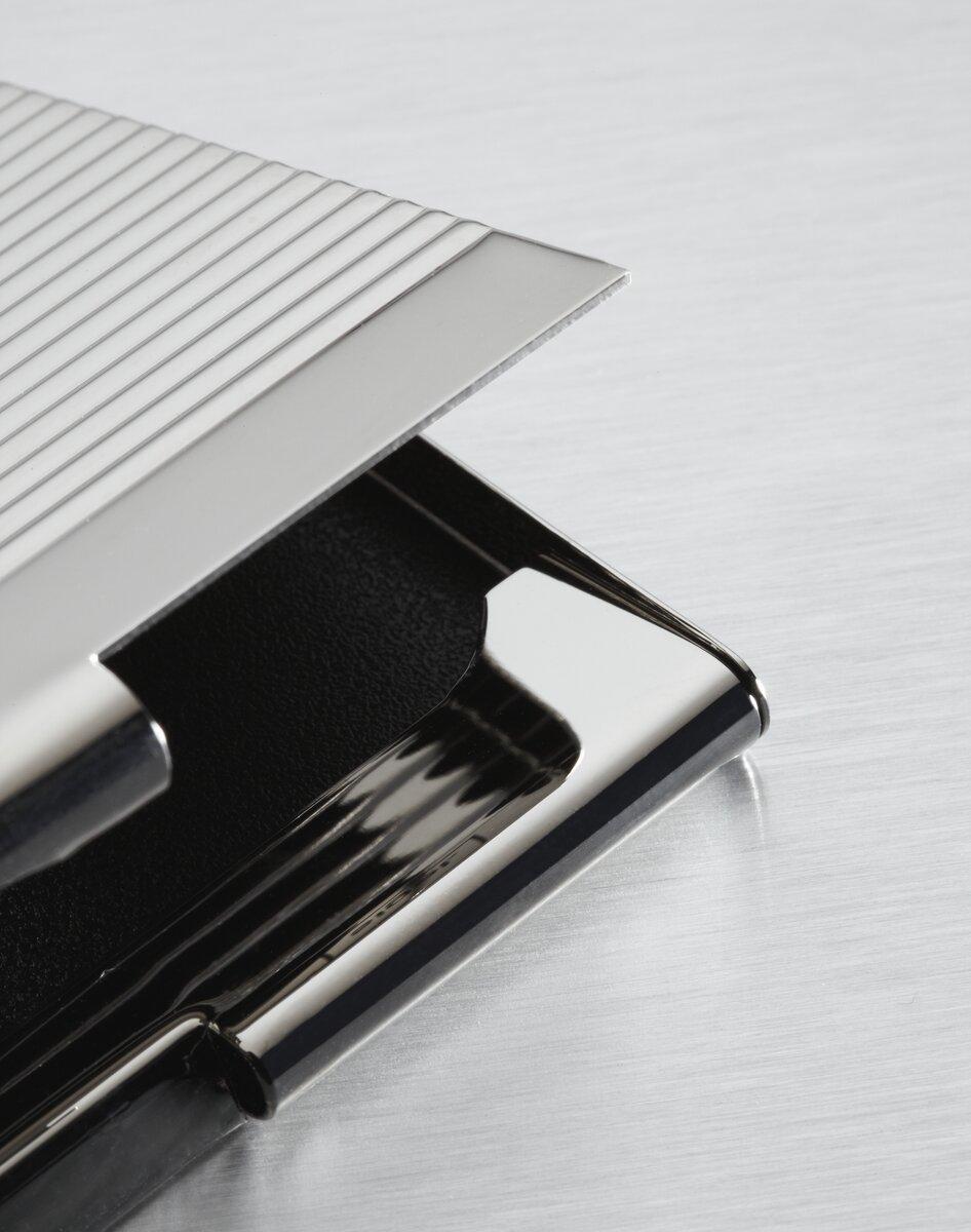 Metallic business card holder, close