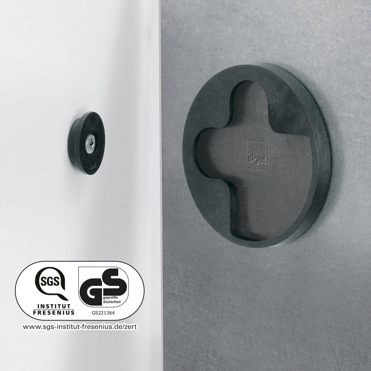 Large Round Doorstop on Grey Wall SGS Certification Logo Bottom Left