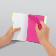 Notebook with white and pink pages Two hands turn a page