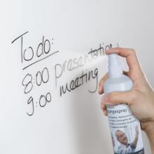 Hand sprays cleaner on blackboard with to-do list