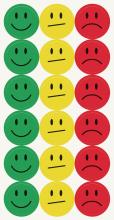 Green laughing, yellow neutral, red sad smileys in rows