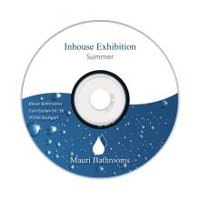 CD with "Inhouse Exhibition Summer" and water droplet design Includes Mauri Bathrooms address in Stuttgart