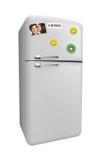 White fridge with stickers: smiley, kiwi, I ♥ YOU, photo of a couple