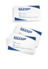 Three white business cards with blue elements and contact information for Coffeebar Lounge