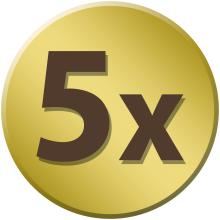 Golden coin with "5x" in black