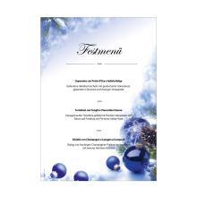 Festive menu with three courses Winter design with blue baubles and fir branches