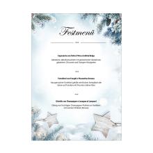 festive menu with three courses; decorated with fir branches and wooden stars