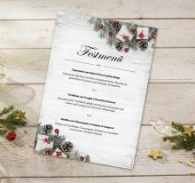 Festive menu card with fir branches and gifts on wooden plate