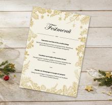 Festive menu on a wooden background, decorated with golden fir branches and stars
