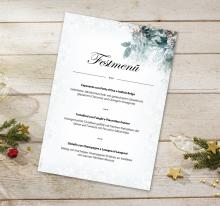Festive menu on a wooden background with fir branches, glass and golden stars