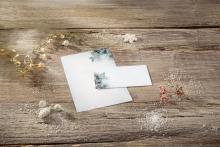 Stationery and envelope on wood decoration: fairy lights, berries