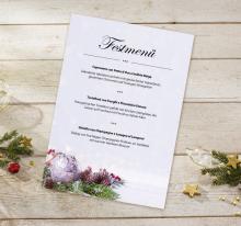 Festive menu card on wooden table surrounded by fir branches and Christmas decoration