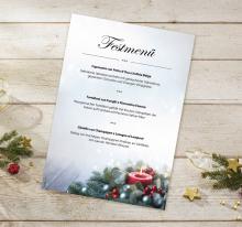 Festive menu on wooden plate, decorated with fir branches and candle