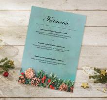 Festive menu card on wooden table, decorated with fir branches and cones