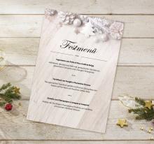 Festive menu card on wooden background, decorated with fir branches and decoration