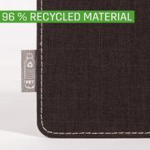 Corner of a black bag with PET label, inscription: 96% RECYCLED MATERIAL