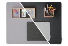 Two-tone table pad, left side light grey with eraser, right side dark grey with pens