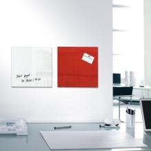 Two pin boards, one white with a note, one red with a card