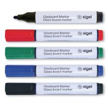Five glassboard markers, sorted by colour