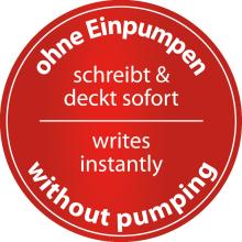 Roter Kreis mit Text: ohne Einpumpen, schreibt & deckt sofort, writes instantly, without pumping