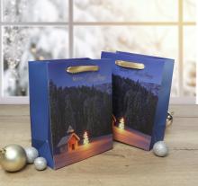 Blue gift bags with winter motif and golden handles on wooden table snowy landscape in background