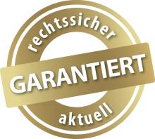 Goldenes Siegel mit Text: Rechtssicher, garantiert, aktuell