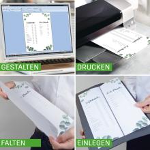 Design of beverage menus on the laptop, printing, folding and inserting in black sleeve