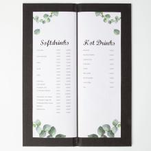 Menu of soft and hot drinks decorated with green leaves