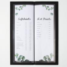 Menu with soft drink and hot drink prices Eucalyptus pattern at the corners