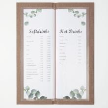 Drinks menu with soft and hot drinks, each with prices next to eucalyptus motifs