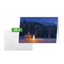Winter landscape with illuminated hut and Christmas tree in the snow 10 cards and envelopes, Merry Christmas