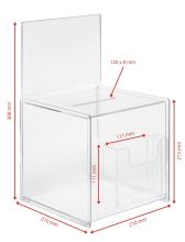 Transparent box with slot and brochure holder, dimensions given