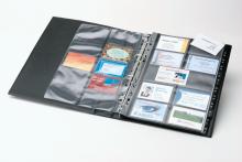Folders with business cards in transparent sleeves