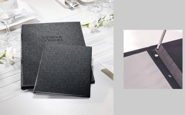 Speisekartenmappen mit Buchschrauben-Bindung auf gedecktem Tisch