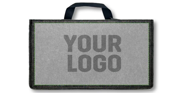 Eine Desk Sharing Bag ist von der Seitenansicht zu sehen. Auf der Seitenfläche ist der bedruckbare Bereich hellgrau hinterlegt.